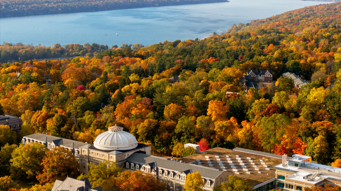 Overlooking campus with Cayuga Lake in the background on a fall day