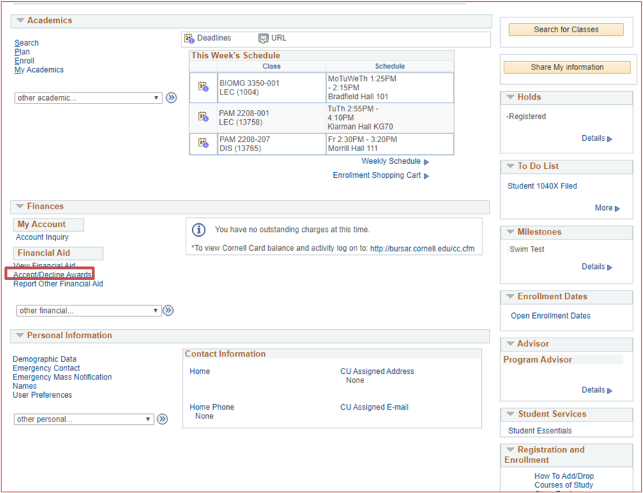 Accept/Decline Awards is located under Finances, and is the second item under the Financial Aid heading