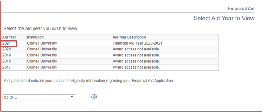 Select the aid year to review, the most recent year is listed at the top